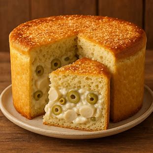de uma torta salgada alta, com massa de liquidificador fofa e topo dourado polvilhado com queijo parmesão. O corte da fatia revela um recheio cremoso e claro de palmito, azeitonas e molho branco.