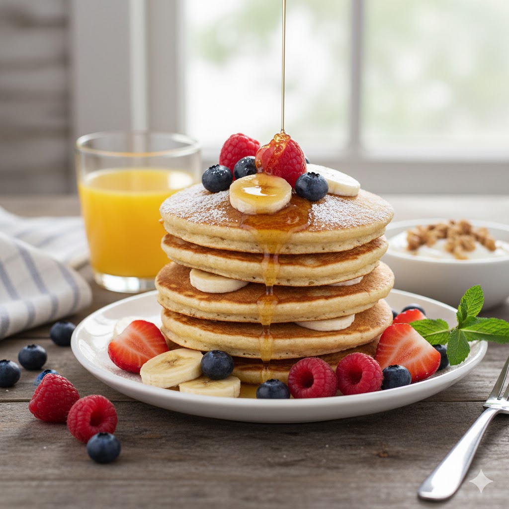 Panquecas de aveia leves e douradas empilhadas em um prato com frutas frescas, representando uma refeição saudável e nutritiva.
