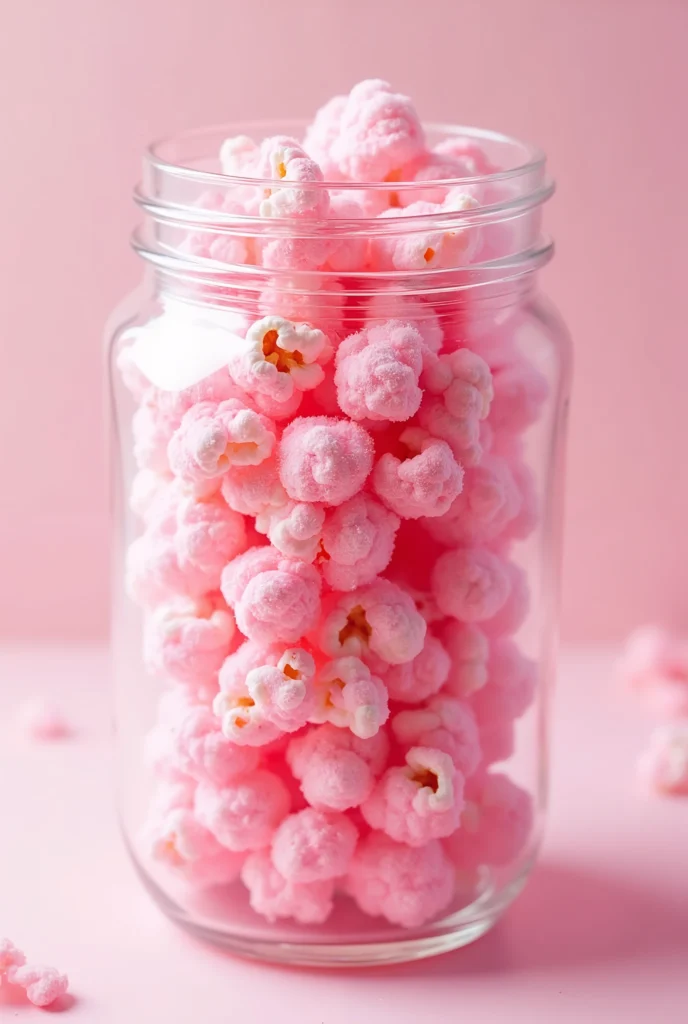 Pipoca doce rosa vibrante servida em pote transparente.