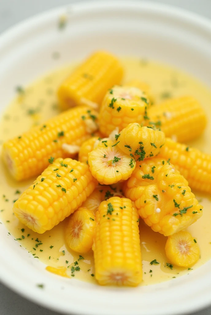 Milhos cozidos com manteiga derretida e ervas por cima.