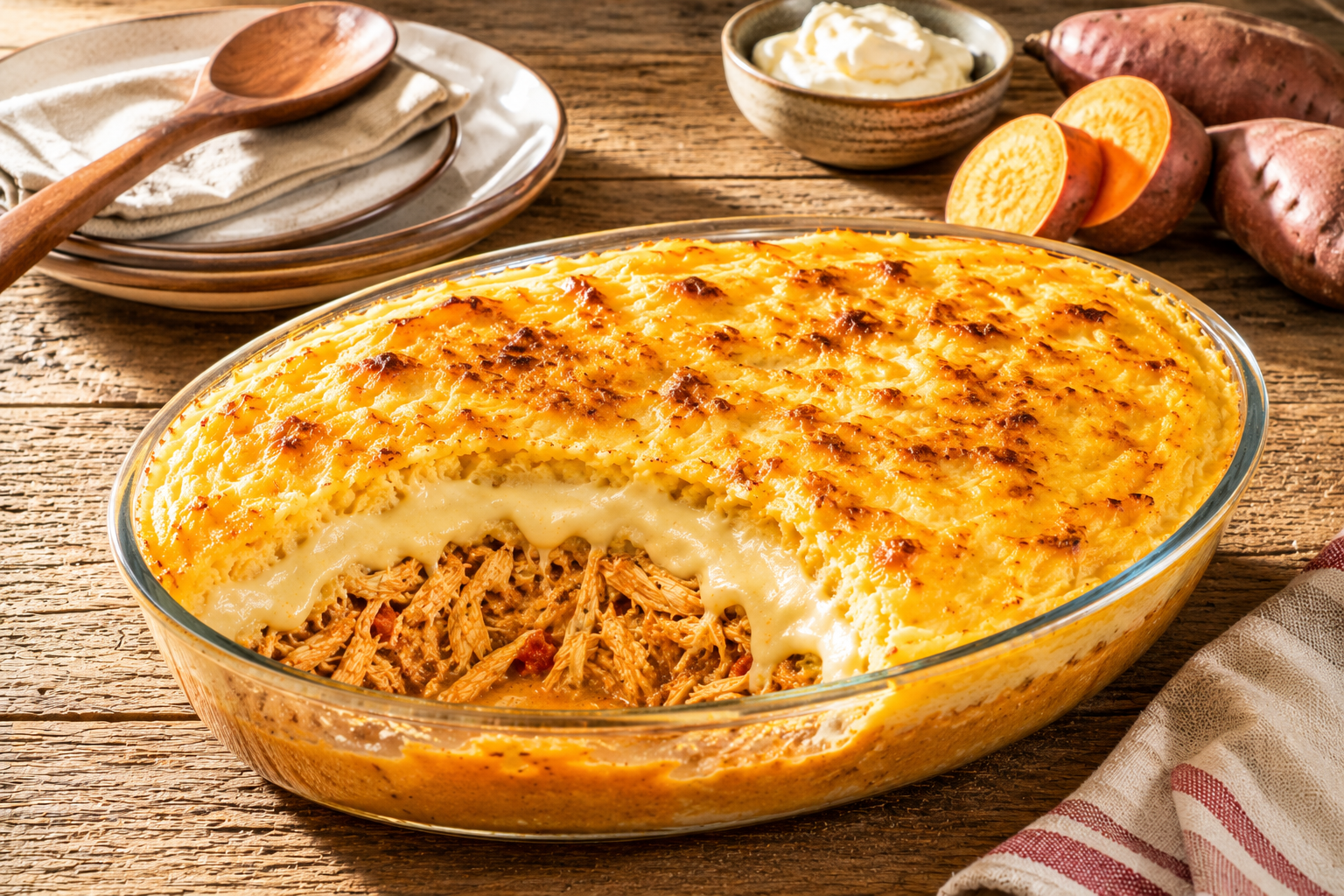 Read more about the article Escondidinho de Frango com Purê de Batata Doce e Catupiry
