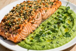 Read more about the article Salmão Grelhado com Crosta de Ervas e Purê de Ervilhas