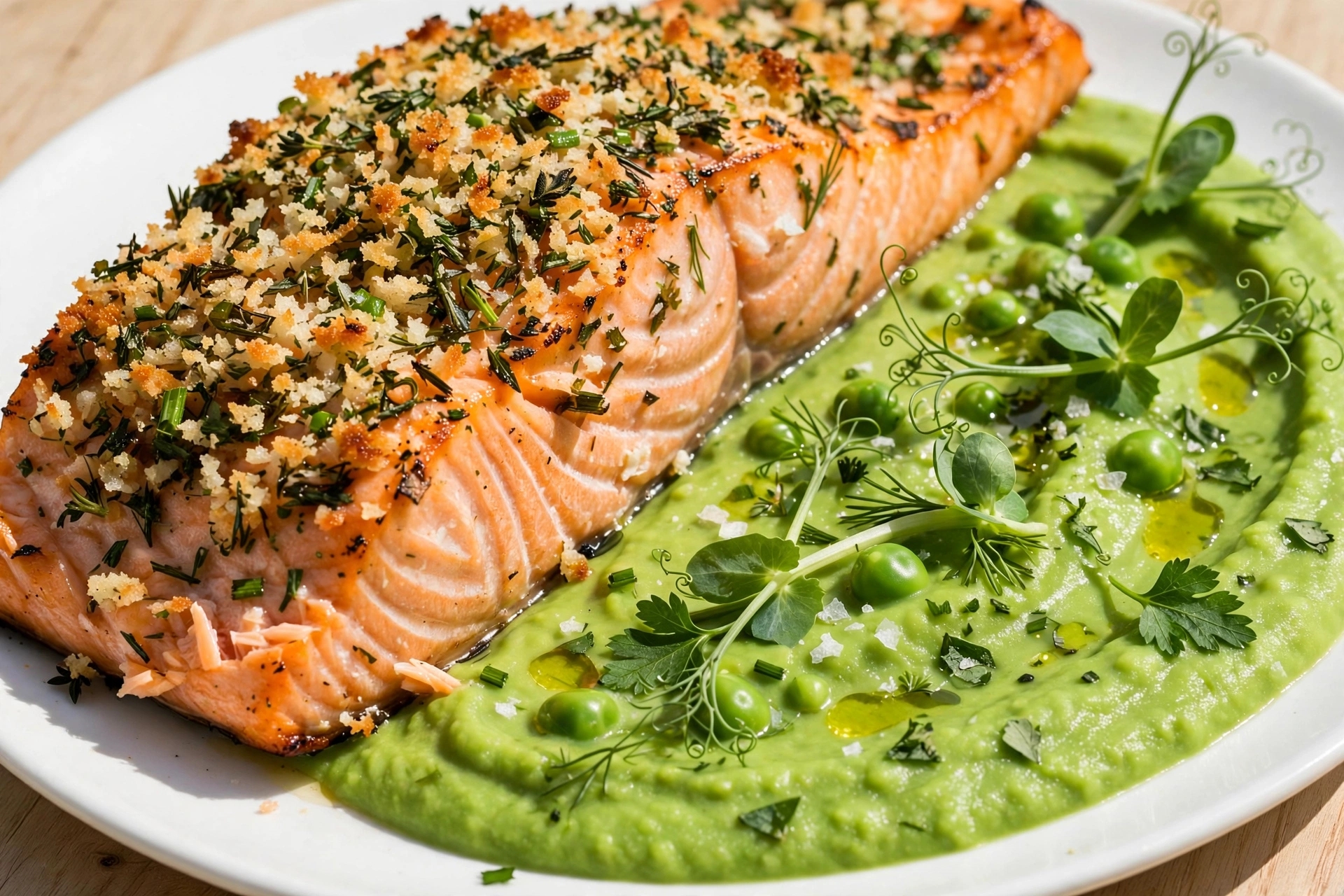 Read more about the article Salmão Grelhado com Crosta de Ervas e Purê de Ervilhas
