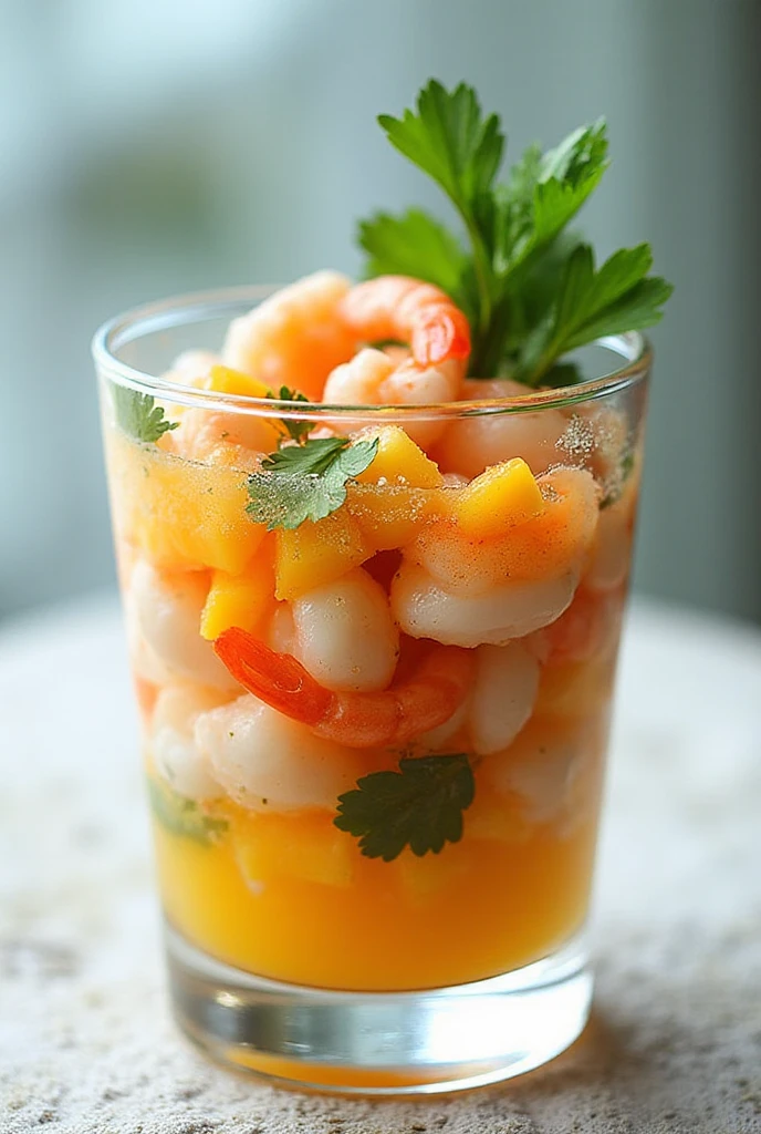 Ceviche tropical de pescada e camarão servido em taça, com manga e coentro fresco.
