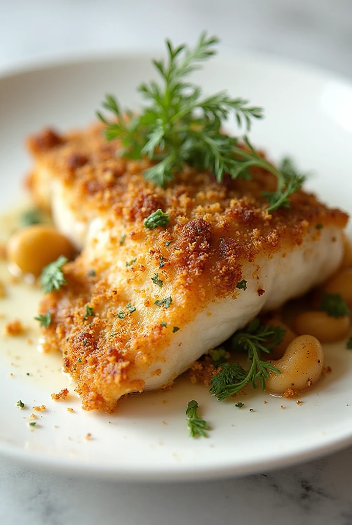 Filé de badejo ao forno com crosta dourada de castanha-de-caju e ervas frescas.