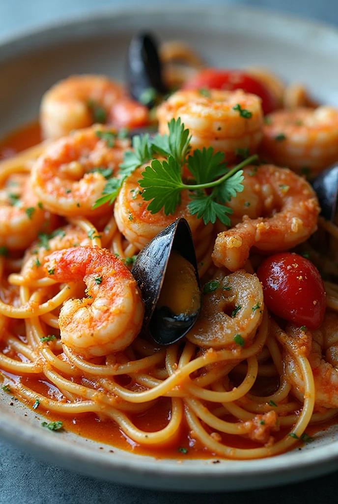 Espaguete mediterrâneo com camarões, lulas e mexilhões em molho leve de tomate e vinagre de maçã, finalizado com salsinha fresca.