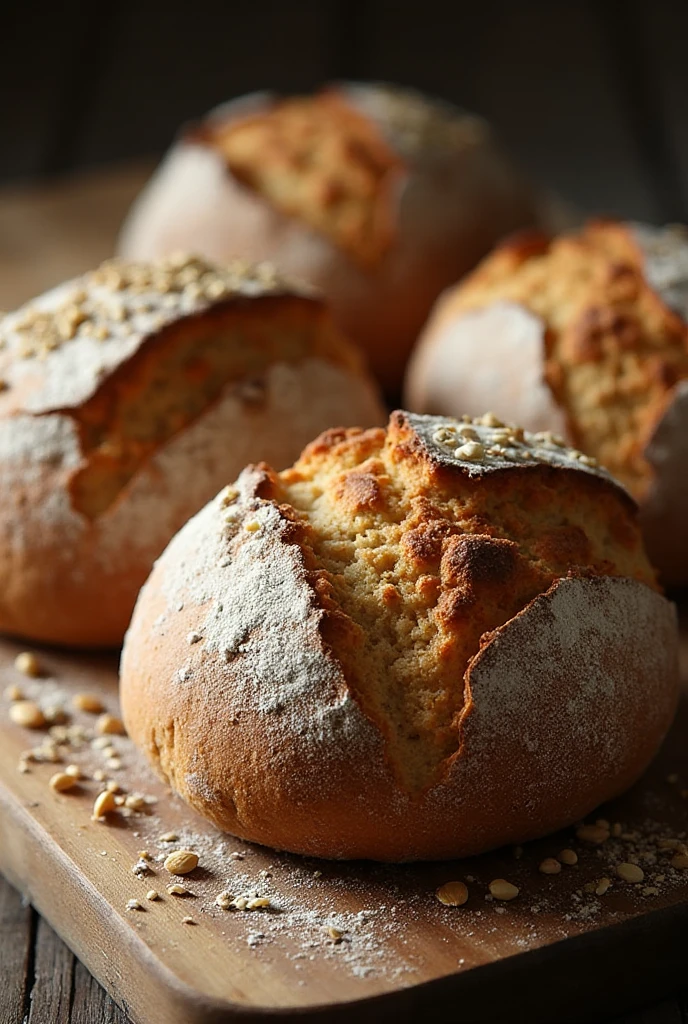 Pães integrais dourado com sementes na superfície, servido em tábua rústica.