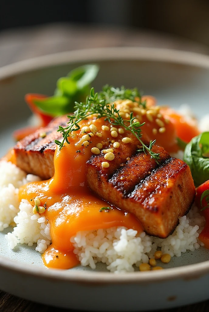 Filé de salmão grelhado com molho de maracujá e sementes douradas, servido com arroz branco e legumes.