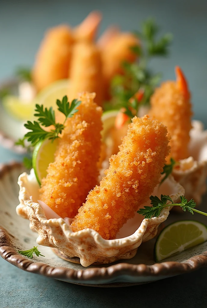 Casquinhas de siri douradas servidas em conchas, decoradas com limão e coentro fresco.
