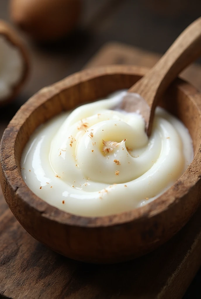 Cocada cremosa branca servida em tigela com colher de madeira.