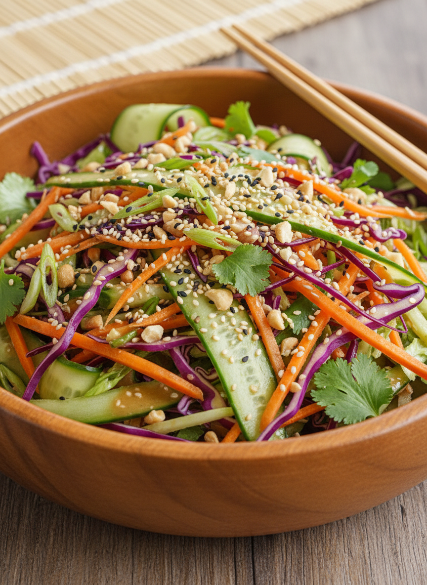 Salada asiática crocante com repolho, cenoura, pepino e gergelim.
