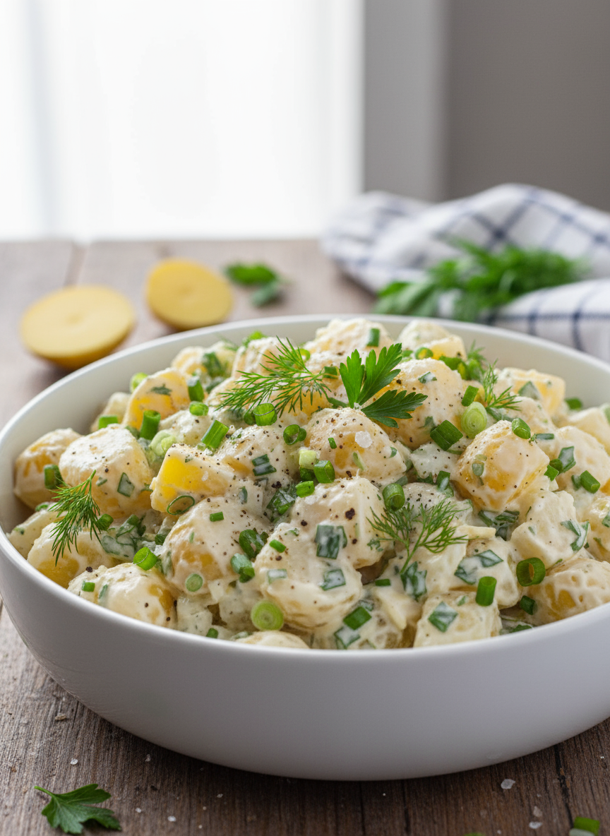 Salada de batata cremosa com ervas frescas em tigela branca.