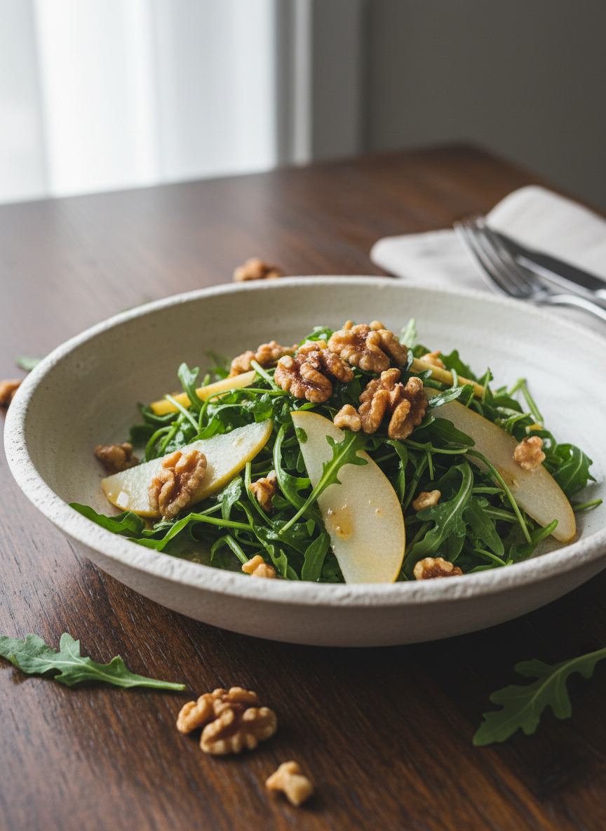 Salada de rúcula com pera e nozes caramelizadas em prato sofisticado.