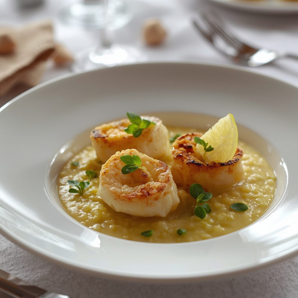 Camarões ao creme de coco servidos com arroz de limão siciliano e ervas frescas em prato branco elegante.