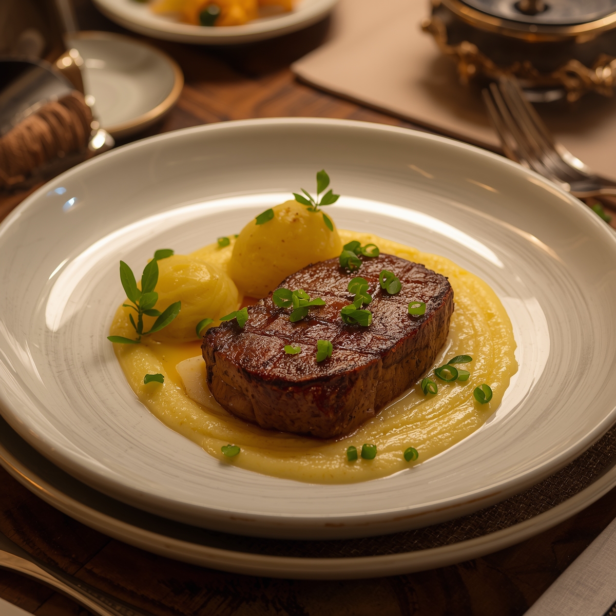 Medalhão de Filé Mignon com Purê de Batata Baroa e Molho de Cogumelos Cremoso