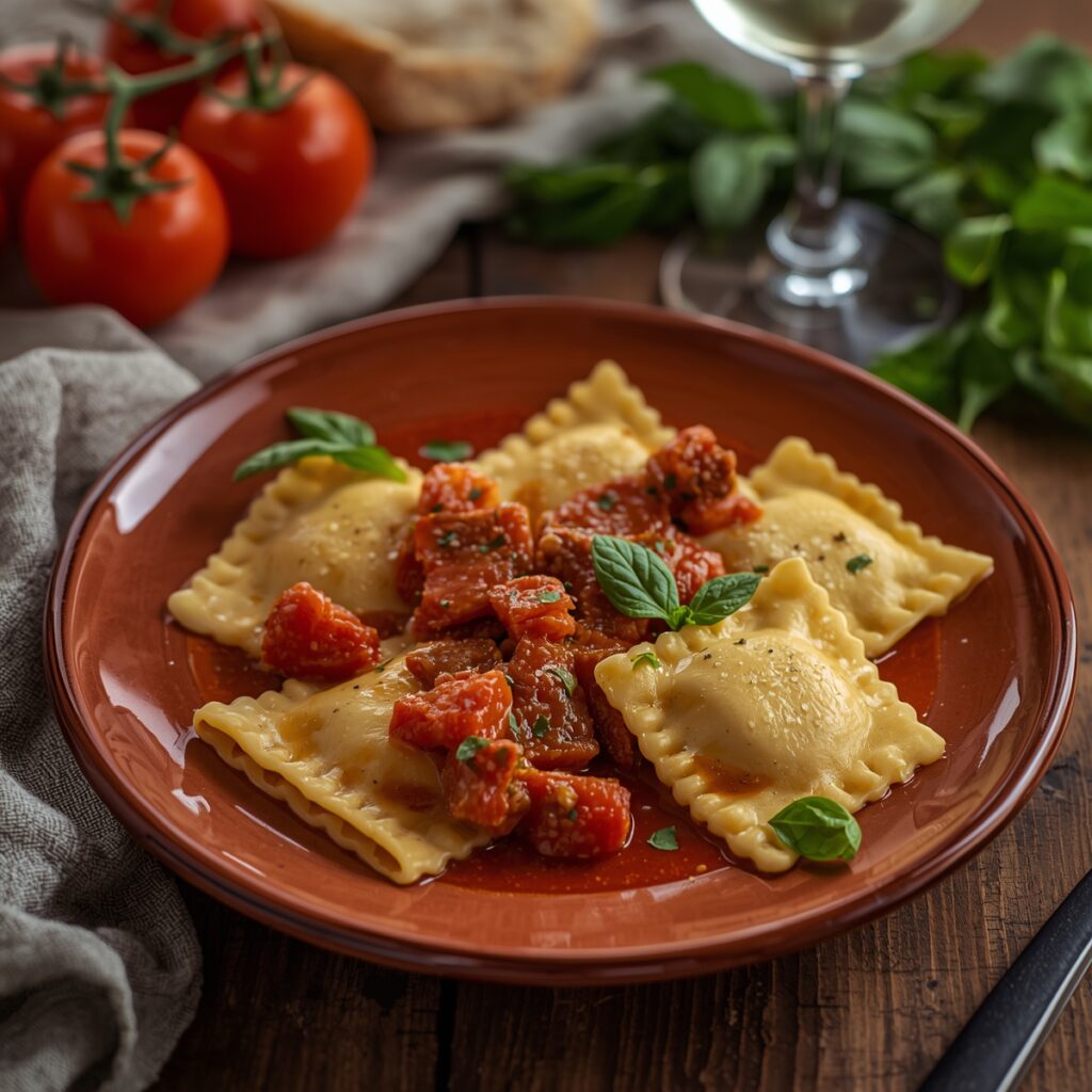 Raviolis de ricota e espinafre com molho de tomate rústico e parmesão ralado, servidos em prato de cerâmica.