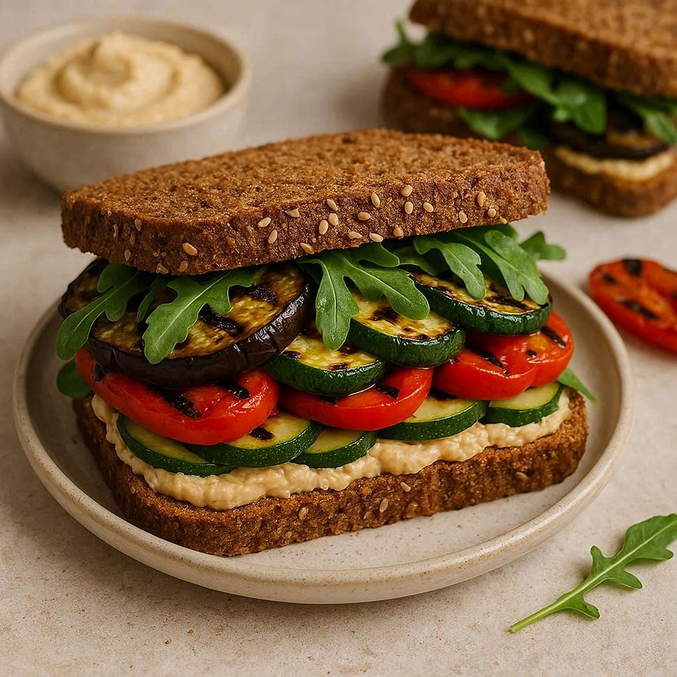 Sanduíche vegetariano com legumes grelhados e húmus em pão integral.