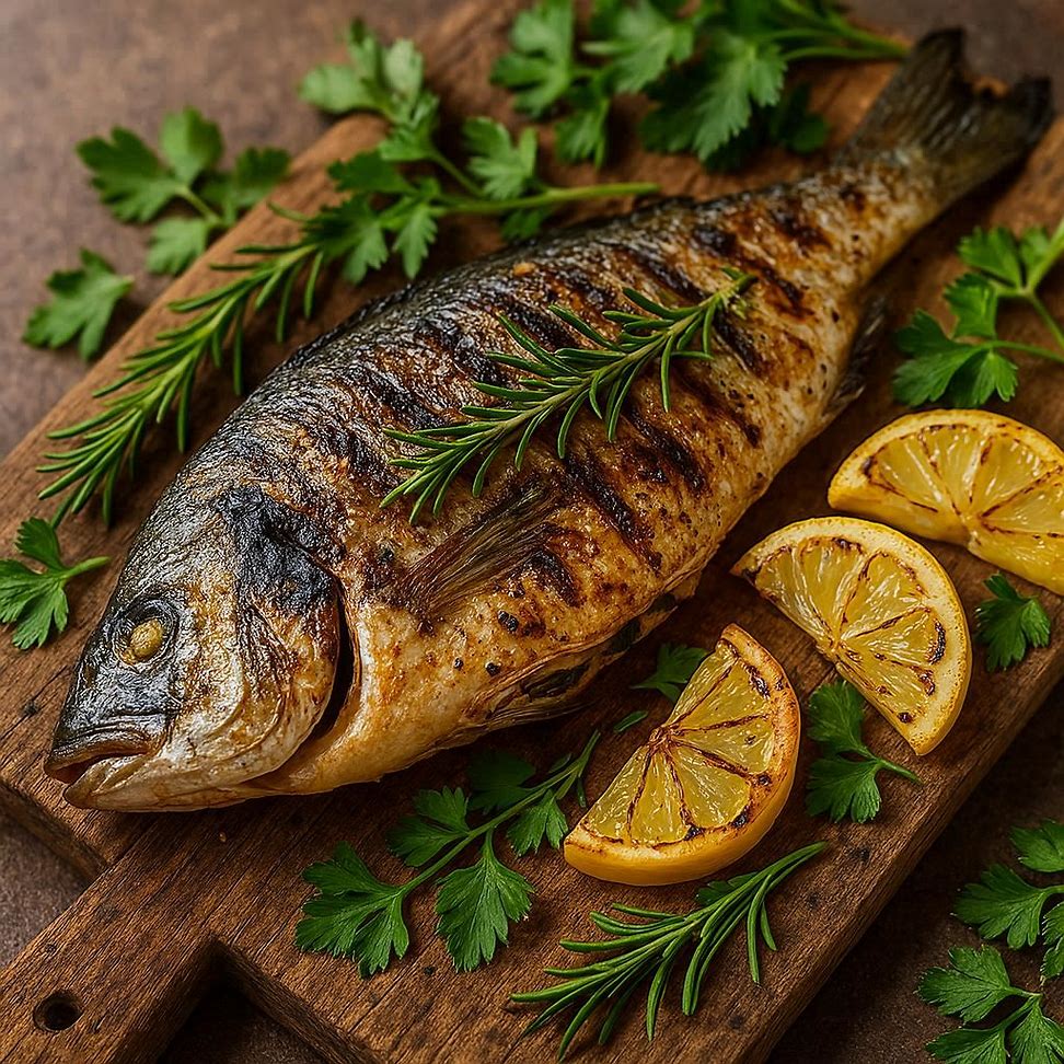 Peixe grelhado na brasa com ervas e limão servido em tábua rústica.