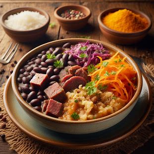 Feijoada leve servida em cumbuca com farofa de laranja e couve refogada ao lado.