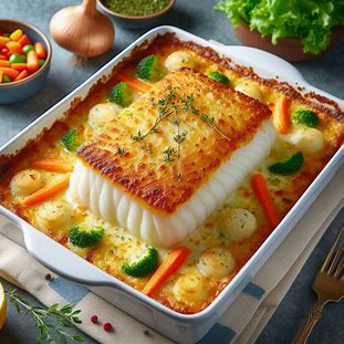 Bacalhau com natas gratinado no forno, dourado por cima e cremoso por dentro, servido em refratário branco.