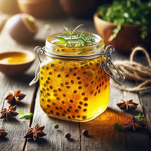 Vinagrete de maracujá dourado em potinho transparente.