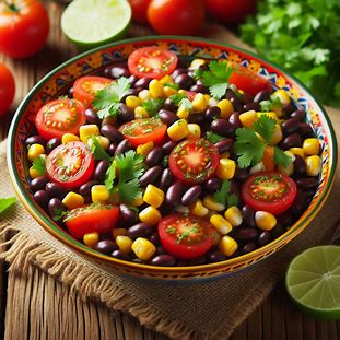 Salada de feijão preto com milho, tomate e coentro em tigela colorida.