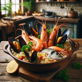 Arroz de mariscos com camarões, mexilhões e peixe branco, servido em panela de barro com salsinha fresca.