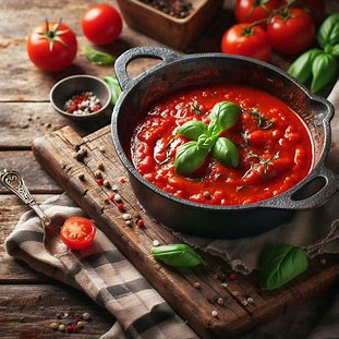 Molho de tomate caseiro com folhas de manjericão servido em panela de ferro rústica.