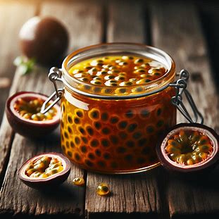 Molho de maracujá dourado em potinho transparente com sementes visíveis.