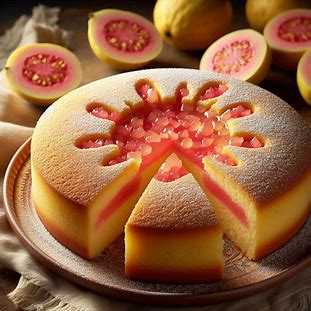 Bolo de fubá dourado com pedaços de goiabada aparecendo entre os cortes.