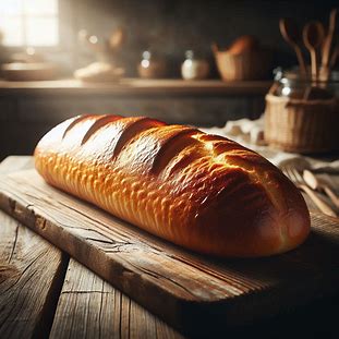 Pão sovado comprido e dourado com superfície brilhante sobre tábua rústica.