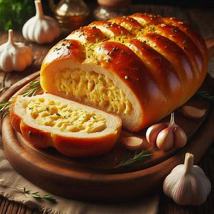 Pão dourado recheado com creme de alho, fatiado, mostrando camadas macias e aromáticas.