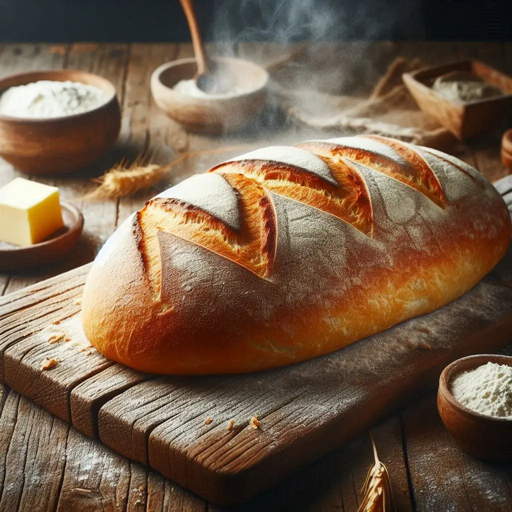 Pão caseiro dourado e macio apoiado sobre tábua de madeira.