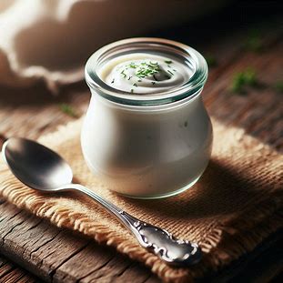 Molho cremoso de iogurte servido em potinho com colher ao lado.