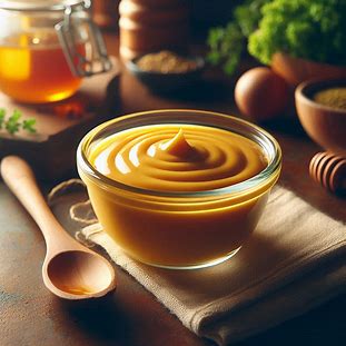 Molho de mostarda e mel em tigela de vidro com colher de madeira ao lado.