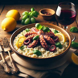 Risoto de polvo com suco de uva integral, servido em prato fundo com raspas de limão e manjericão.