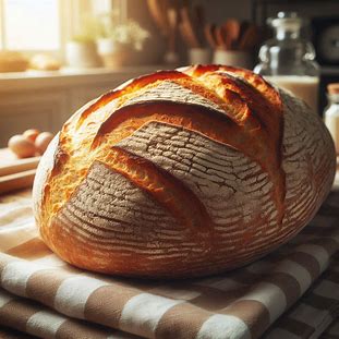 Pão rústico dourado com casquinha crocante colocado sobre pano de cozinha xadrez.