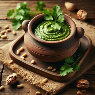 Molho pesto verde cremoso servido em pote rústico com folhas de coentro ao lado.