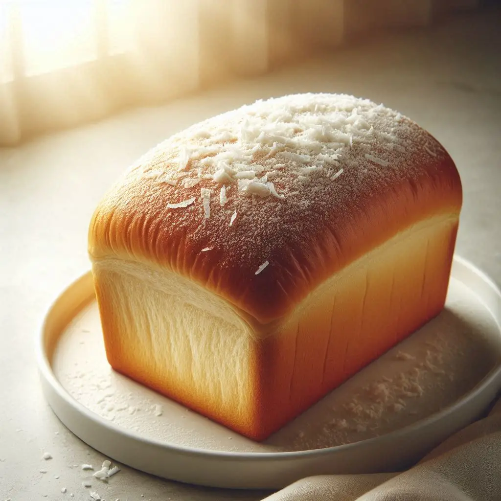 Pão dourado com coco ralado visível na superfície, servido em prato branco.