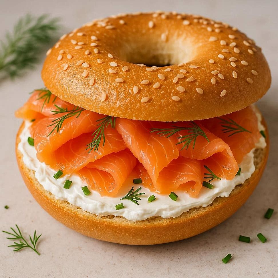 Sanduíche de salmão defumado com cream cheese e ervas frescas em pão de bagel.