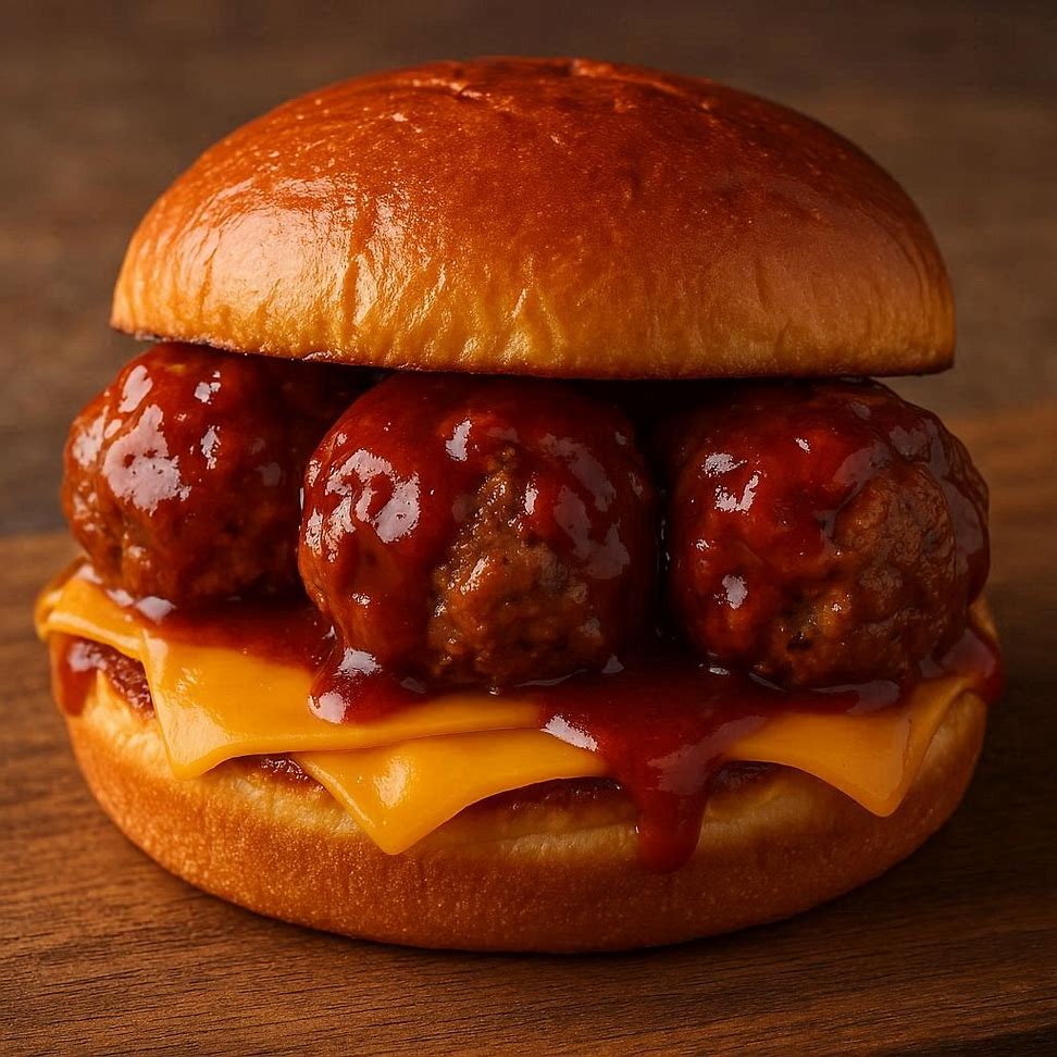 Sanduíche de almôndegas com molho barbecue e queijo cheddar servido em pão brioche.