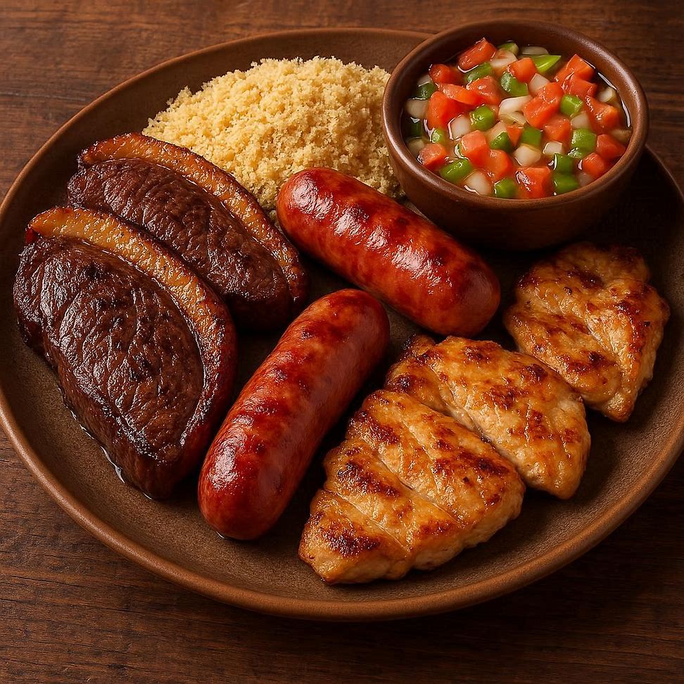 Churrasco brasileiro com picanha, linguiça e frango assando na brasa, servido com farofa e vinagrete.