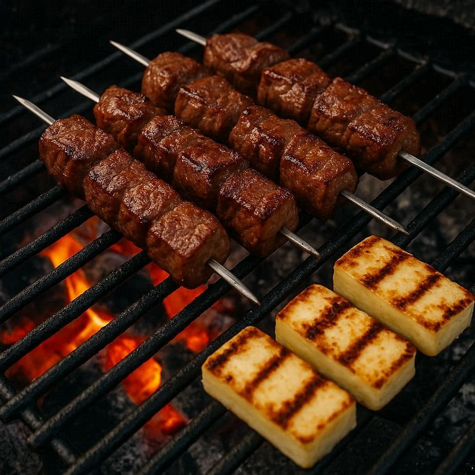 Espetos de alcatra e queijo coalho dourando na grelha com brasa viva ao fundo.