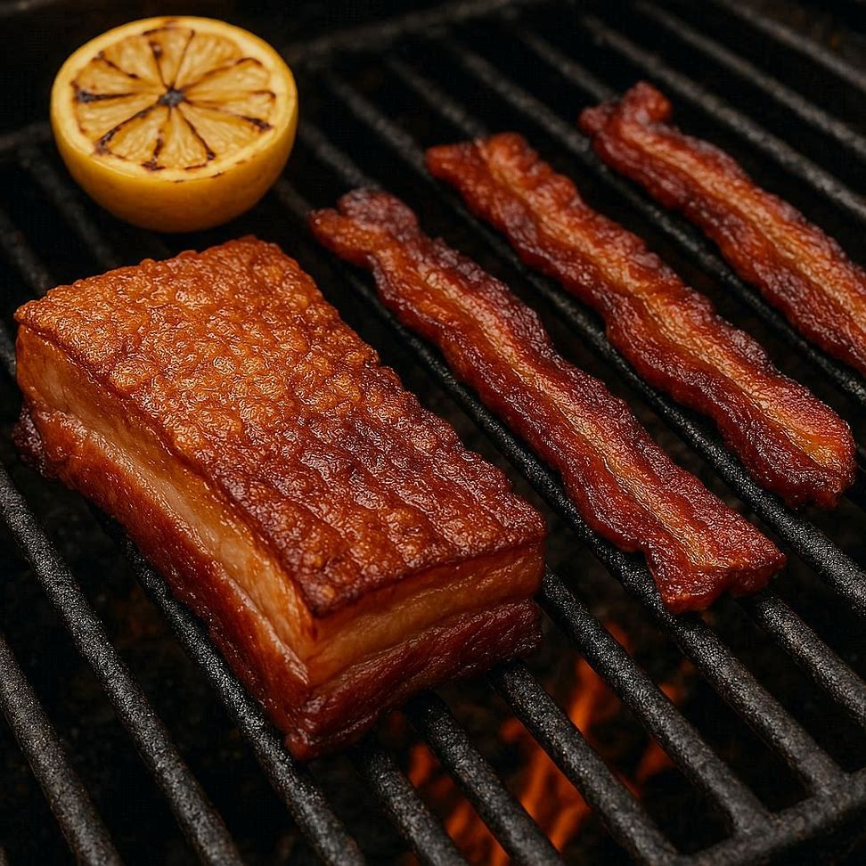 Tiras de panceta pururucadas e douradas na grelha, com limão ao lado.