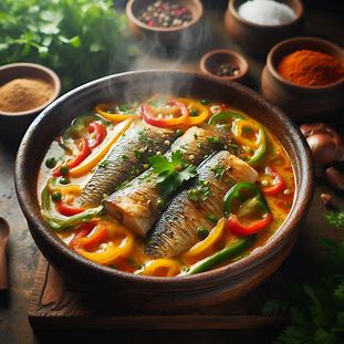 Moqueca de peixe com leite de coco e pimentões coloridos em panela de barro.