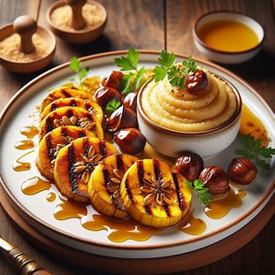 Banana-da-terra grelhada com mel e farofa doce de castanha em prato gourmet.