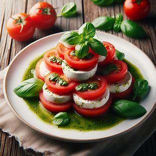 Salada caprese com tomate, mussarela de búfala e molho pesto servido em prato branco.