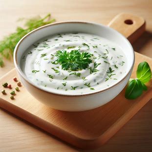 Molho de iogurte com ervas finas servido em tigela branca com folhas verdes ao redor.