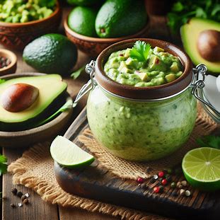 Molho de abacate verde cremoso servido em pote de vidro.