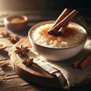 Tigela de arroz doce cremoso decorado com canela em pau.
